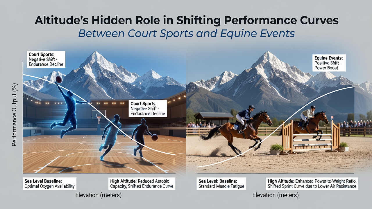 Racehorses and jockeys navigating a high-elevation track where oxygen levels influence stamina outcomes