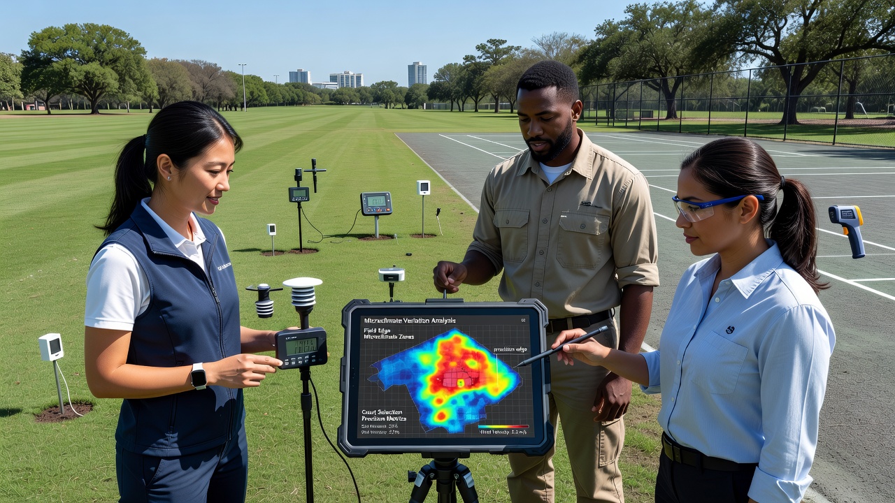 Sensor array deployment on a tennis court capturing localized wind and temperature data during competition
