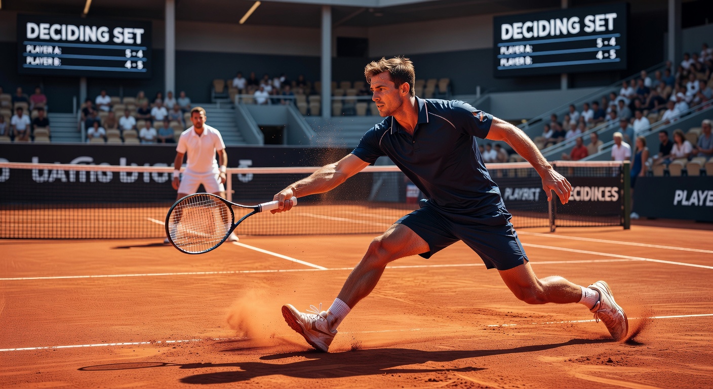 Close-up of a determined tennis player sliding on clay, mid-backhand in a high-stakes deciding set, crowd blurred in background