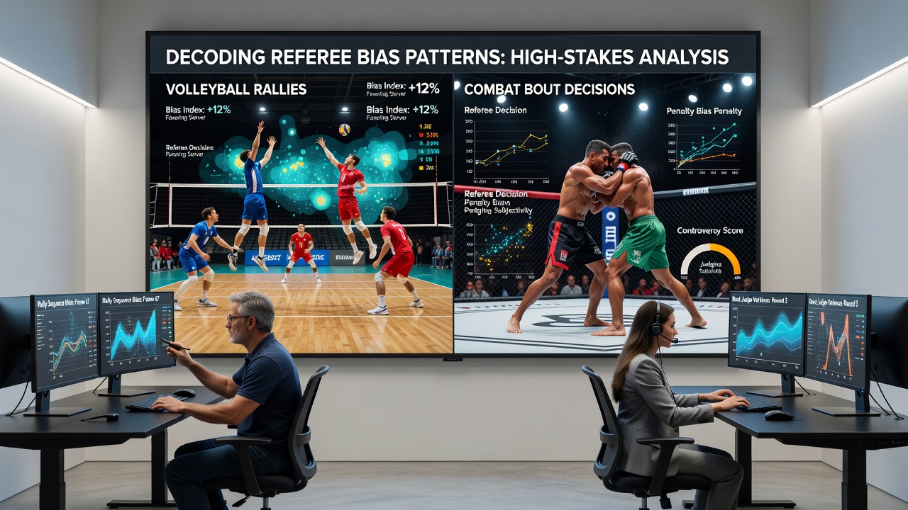 Combat sports judges reviewing a bout decision with scoreboard visible in the background