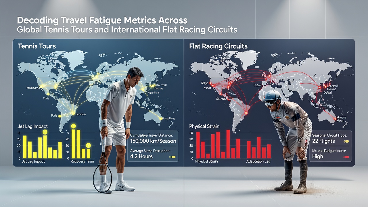 Data dashboards displaying fatigue metrics for tennis athletes and racehorses after international flights