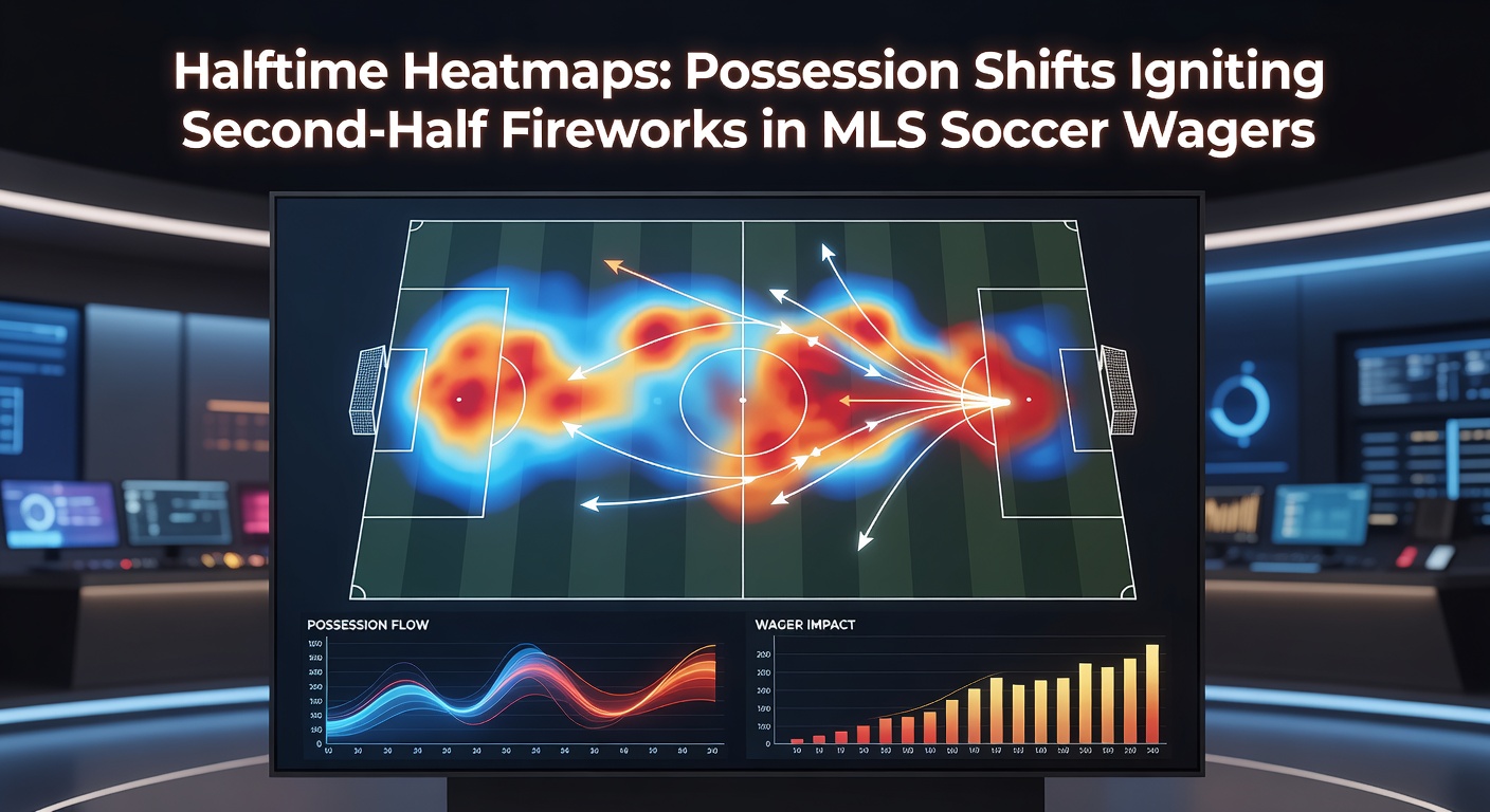 Line graph plotting MLS second-half goals against possession change percentages, peaking sharply in matches with over 15% halftime shifts during the 2025-2026 season