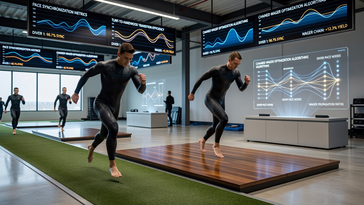 Split-screen visualization comparing real-time pace data from a turf race and a basketball game with correlation markers