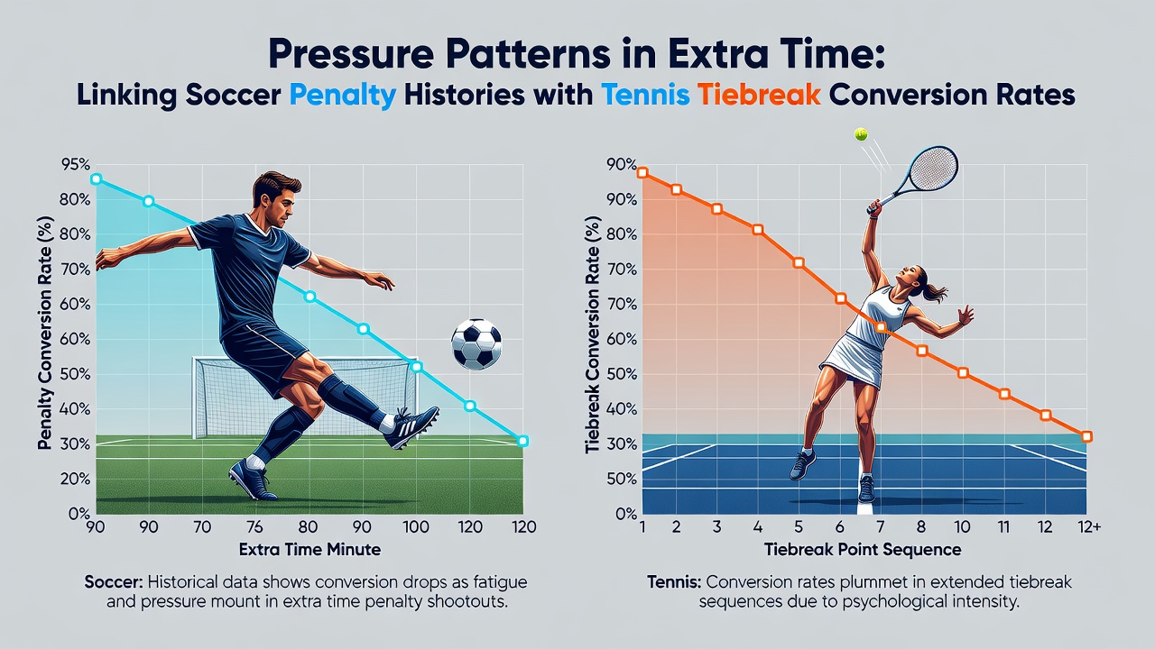 Data visualization charts showing soccer penalty conversion rates next to tennis tiebreak success percentages, highlighting correlated pressure patterns
