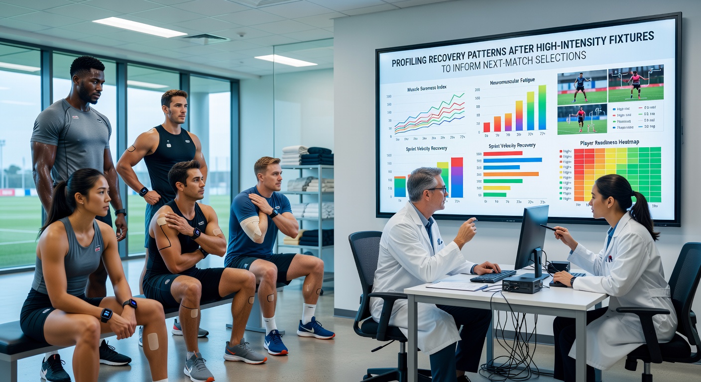 Coaching staff reviewing player recovery data on tablets during a team meeting