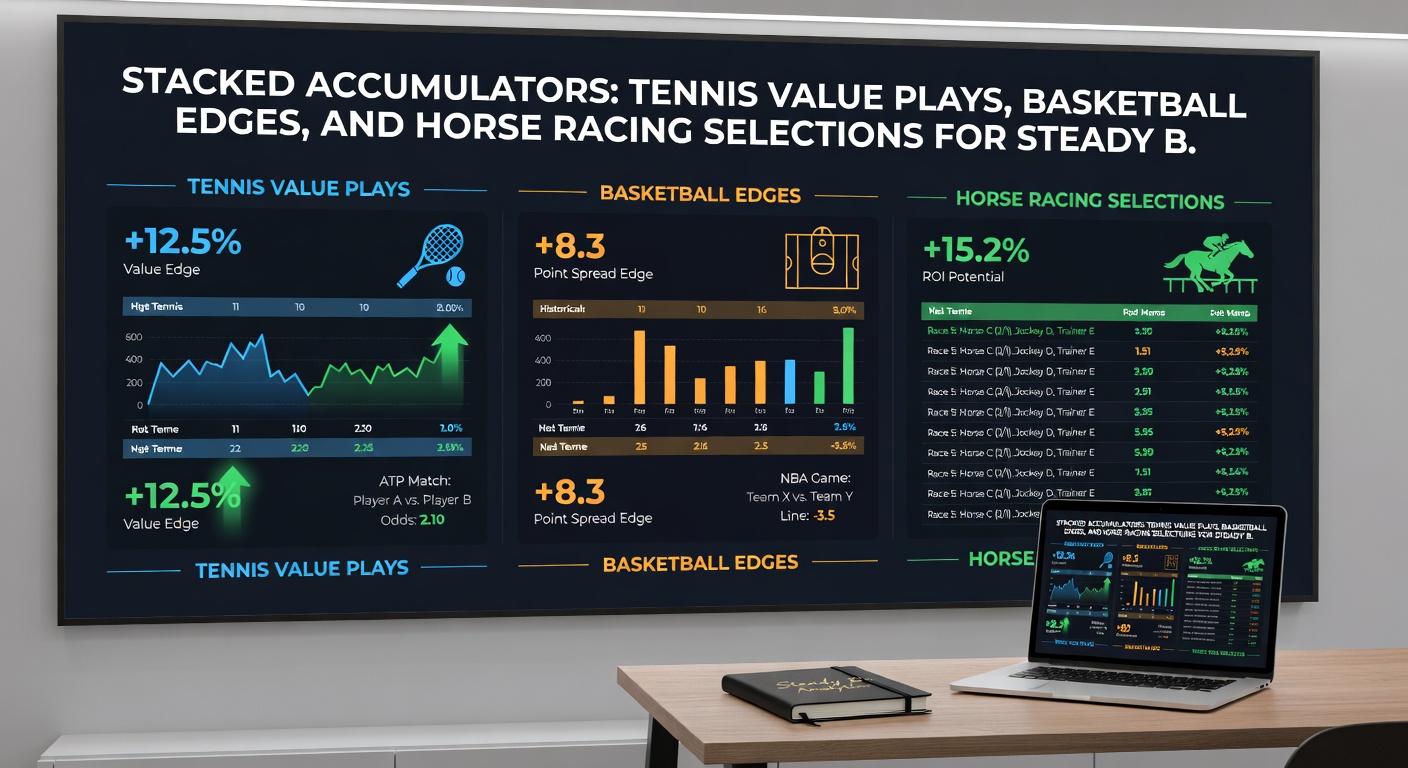 Chart depicting bankroll growth curves from stacked accumulators in tennis, basketball, and horse racing over multiple months