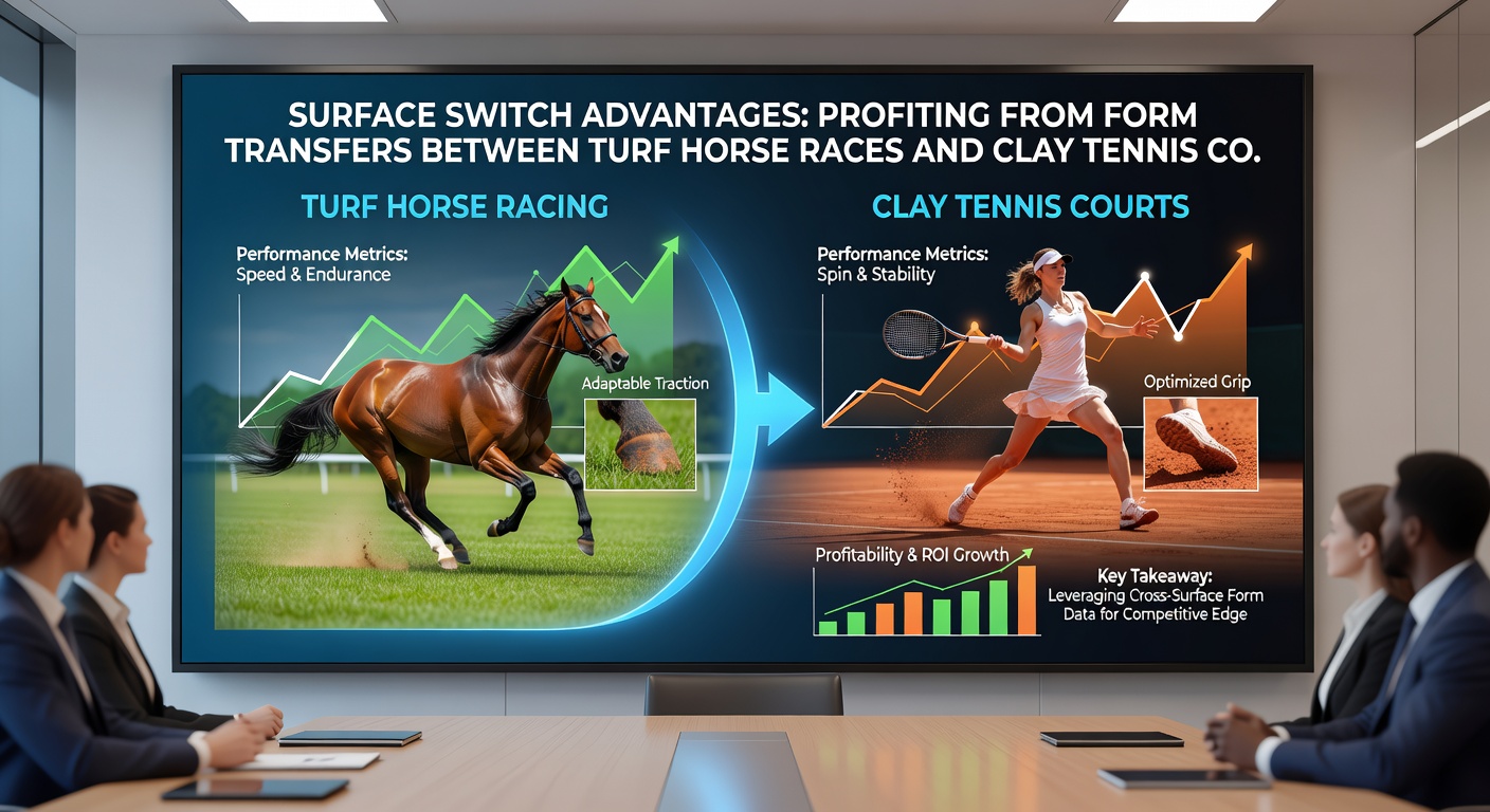 Close-up comparison of turf horse hooves digging into grass beside tennis shoes skidding on clay, with overlaid graphs showing correlated speed-endurance metrics from races and matches
